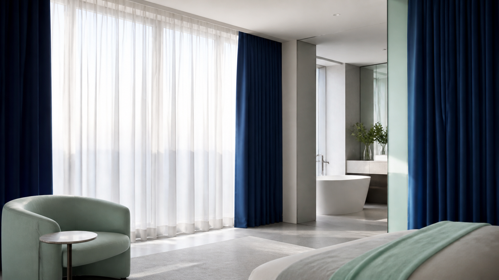 Layered curtains in a refined hospitality interior
